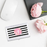 Black Stripe & Pink Watercolor Initial Monogram Business Card Case<br><div class="desc">This chic,  feminine business card holder features black and white stripes with a pink watercolor blot that surrounds your initial or monogram in white serif italic.</div>