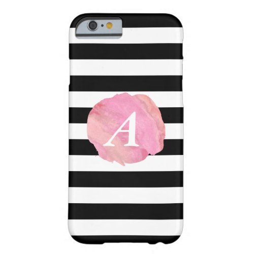Black Stripe  Pink Watercolor Initial Monogram Barely There iPhone 6 Case