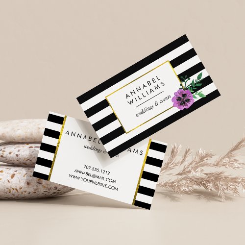 Black Stripe  Purple Pansy Business Cards