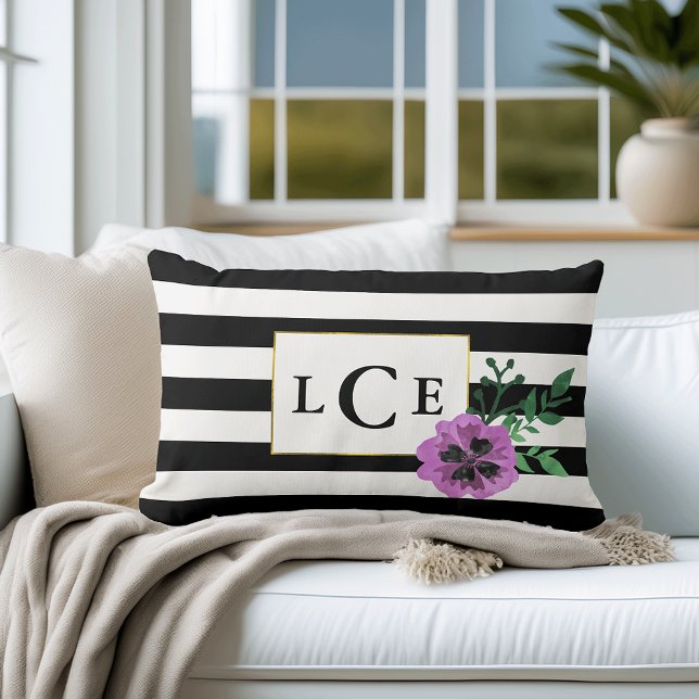 Black Stripe & Purple Pansy Monogram Throw Pillow (Creator Uploaded)