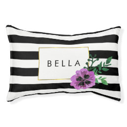 Black Stripe &amp; Purple Pansy Personalized Dog Bed