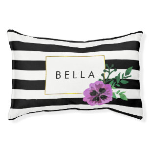 Black Stripe & Purple Pansy Personalized Dog Bed