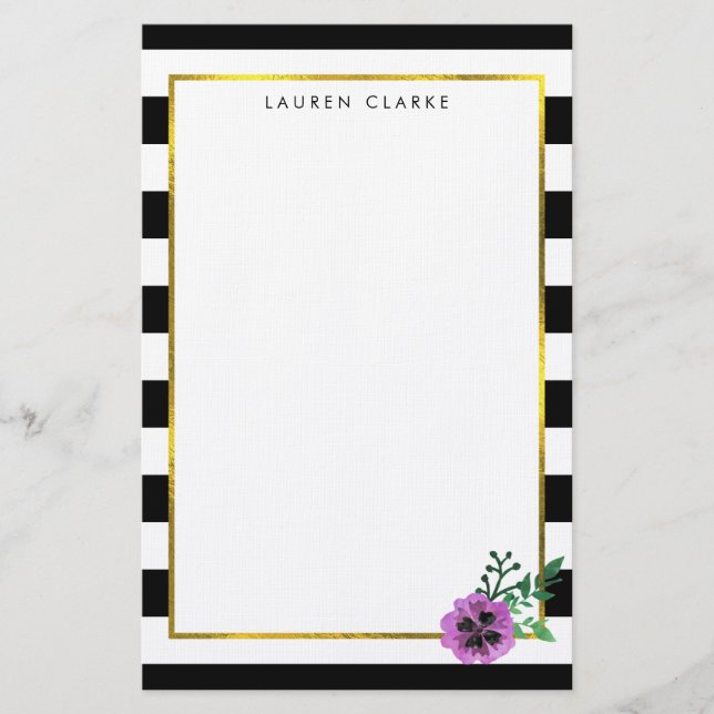 Black Stripe Purple Pansy Personalized Stationery (Front)