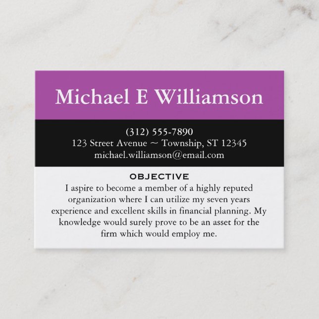 Black Stripe Purple RESUME Business Cards (Front)