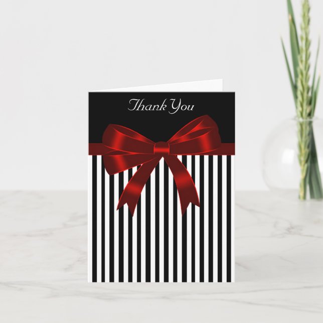 Black Stripe Red Bow Thank You Card (Front)
