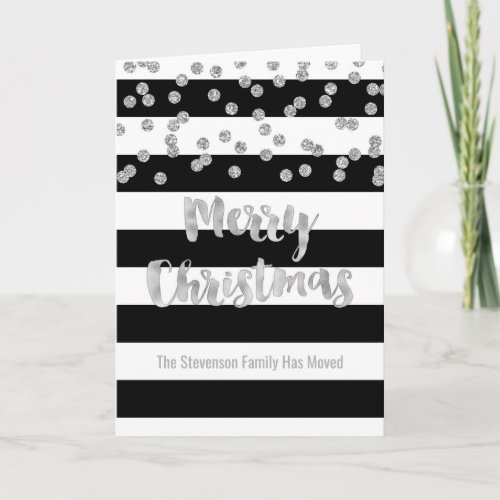 Black Stripe Silver Confetti Christmas New Address Holiday Card