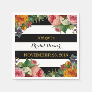 Black Stripe Vintage Floral Bridal Shower Napkins