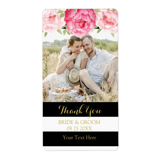 Black Stripe Watercolor Floral Photo Wedding Label (Front)