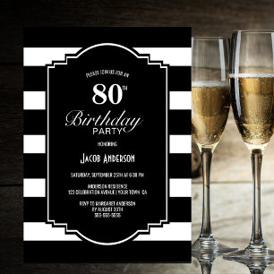 Black Striped 80th Birthday Party Invitation