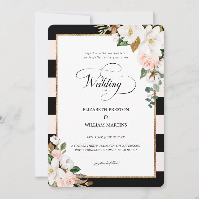 Black Striped and Magnolia Floral Wedding Invitation (Front)