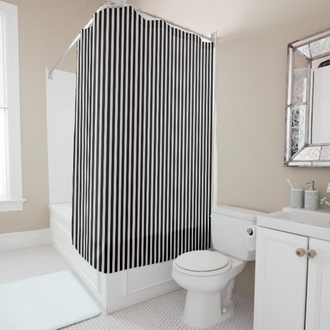 Black Striped Bathroom Shower Curtain (In Situ)