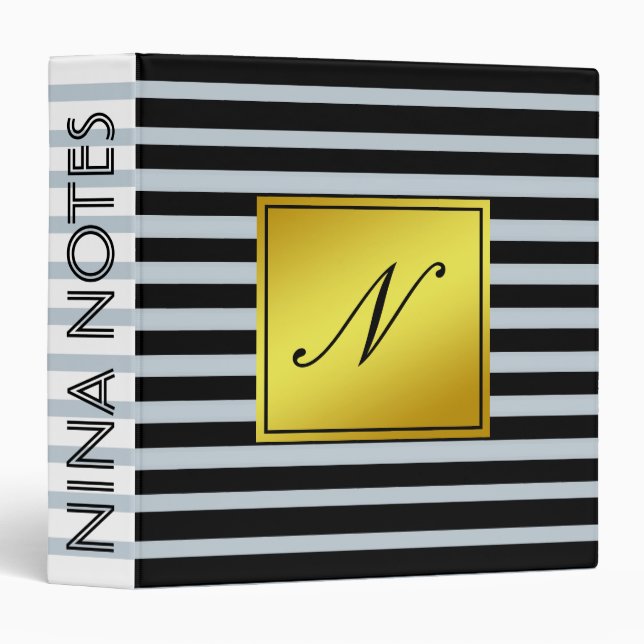Black Striped Clean Gold Monogram Personalized 3 Ring Binder (Front/Spine)