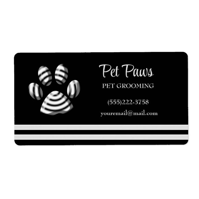Black Striped Dog Paw Pet Grooming Service  Busine Label (Front)