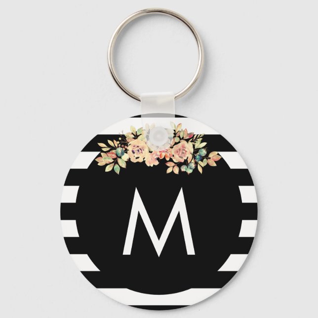 Black Striped Floral Monogrammed Keychain (Front)