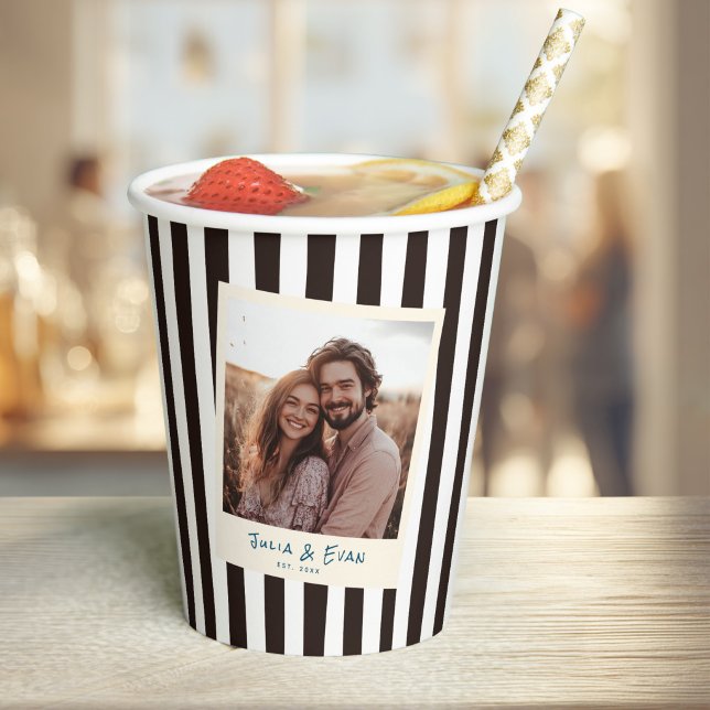 Black Striped Fun Retro  Engagement Photo Paper Cups (Creator Uploaded)