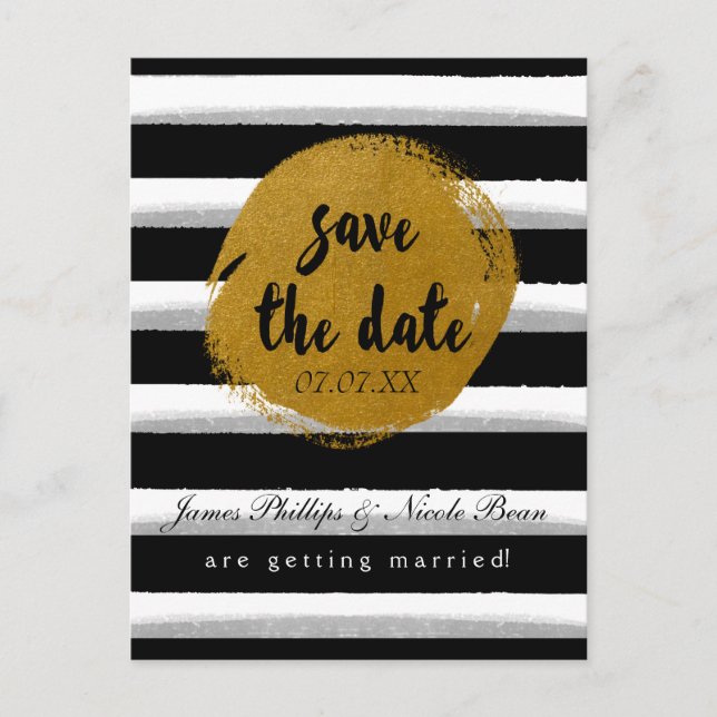 Black Striped & Gold Foil Save The Date Postcard (Front)