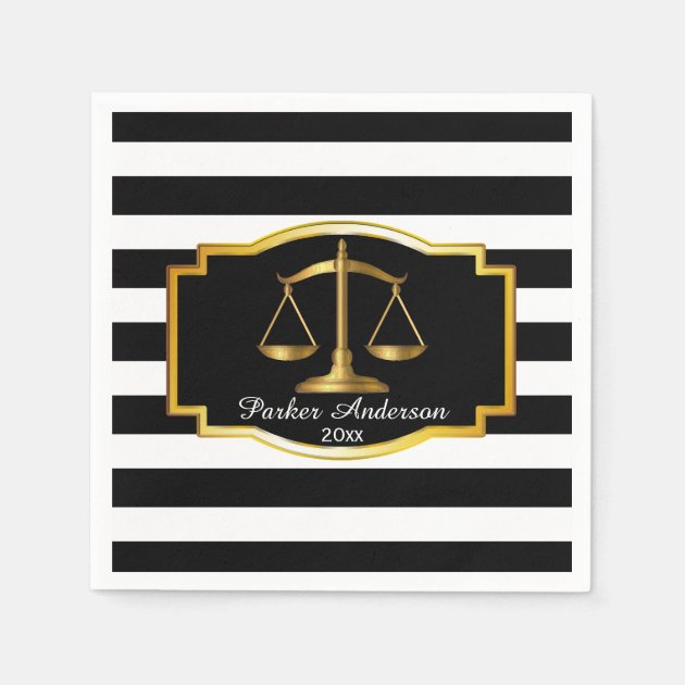Black Striped Gold Law Scales Graduation Party Paper Napkin
