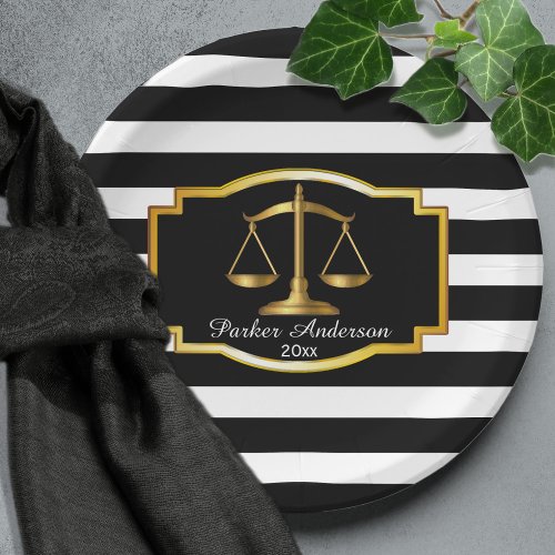 Black Striped Gold Law Scales Graduation Party Paper Plates