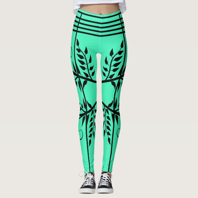 Black Striped Green  Futuristic Athletic Leggings (Front)