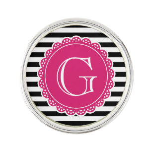 Black Striped Pattern Hot Pink Monogram Pin