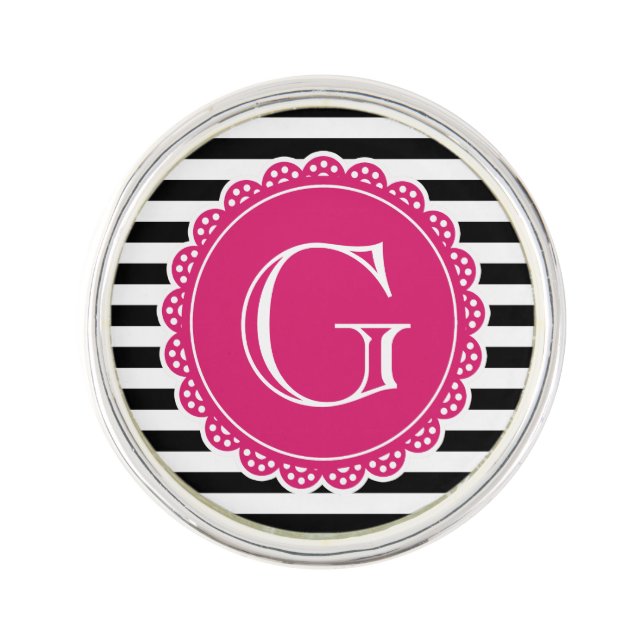 Black Striped Pattern Hot Pink Monogram Pin (Front)