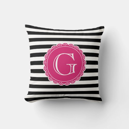 Black Striped Pattern Hot Pink Monogram Throw Pillow