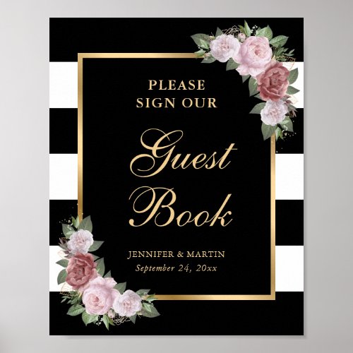 Black Striped Pink Floral Wedding Guest Book Sign