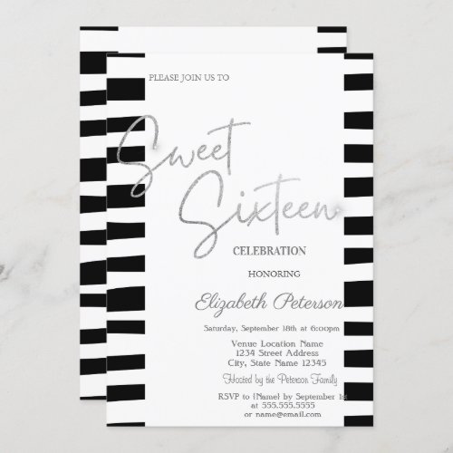 Black Striped Silver Script Sweet 16  Invitation