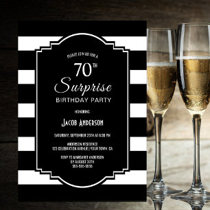 Black Striped Surprise 70th Birthday Party Invitation
