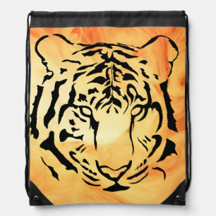 Black Striped Tiger on Fiery Orange Drawstring Bag