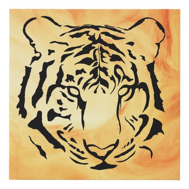 Black Striped Tiger on Fiery Orange Faux Canvas Print (Front)