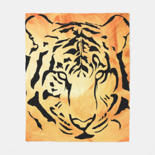 Black Striped Tiger on Fiery Orange Fleece Blanket
