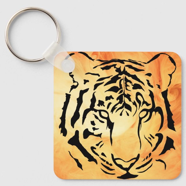 Black Striped Tiger on Fiery Orange Keychain (Front)