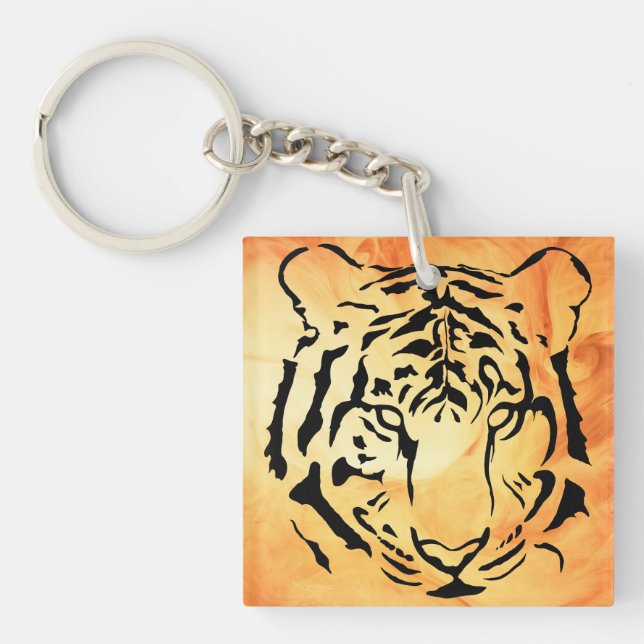 Black Striped Tiger on Fiery Orange Keychain (Front)