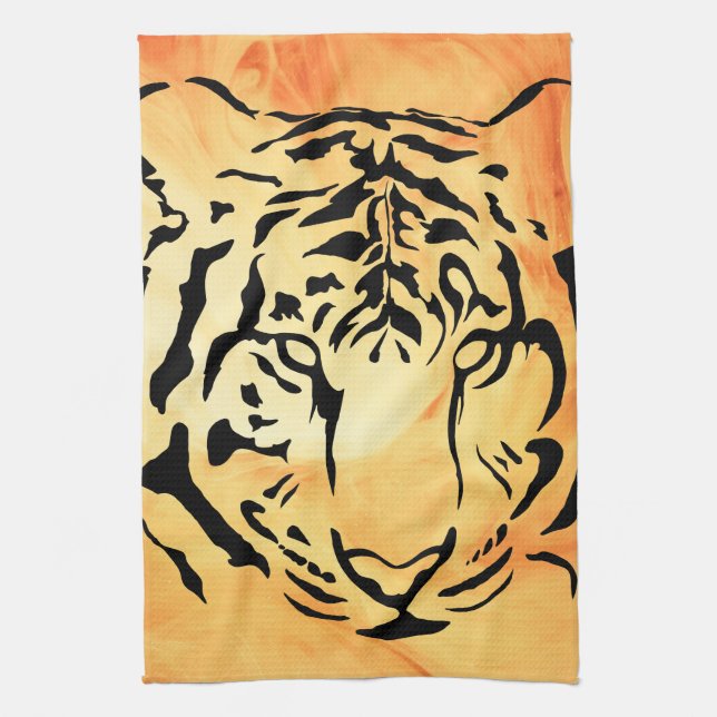 Black Striped Tiger on Fiery Orange Kitchen Towel (Vertical)