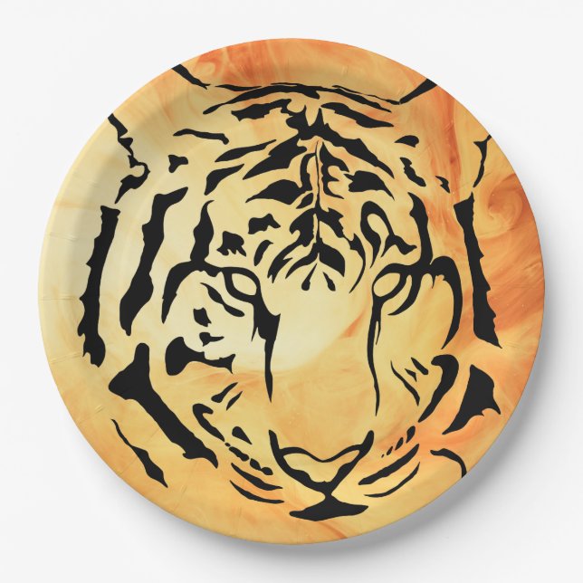 Black Striped Tiger on Fiery Orange Paper Plates (Front)