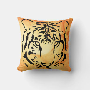 Black Striped Tiger on Fiery Orange Throw Pillow