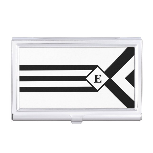 Black Stripes and Chevrons with Monogram on White Business Card Case (Front)