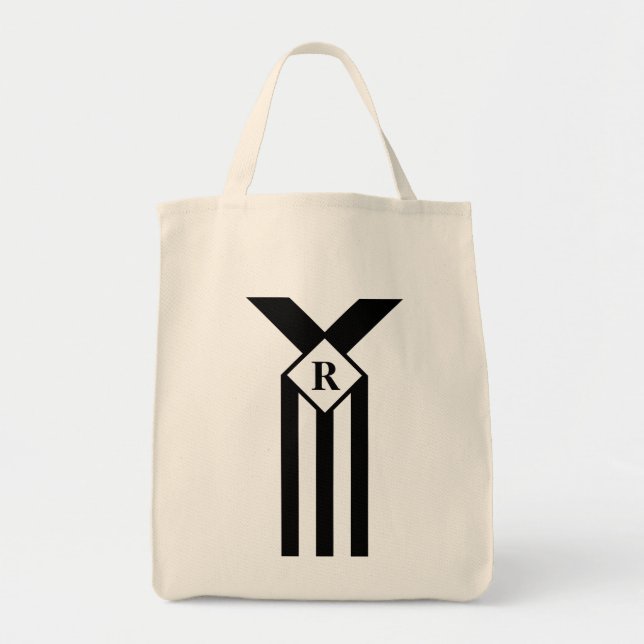 Black Stripes and Chevrons with Monogram on White Tote Bag (Front)