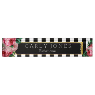 Black Stripes and Floral Desk Nameplate