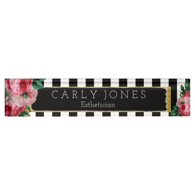 Black Stripes and Floral Desk Nameplate (Front)