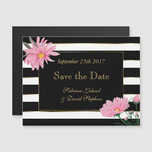 Black Stripes and Pink Chrysanthemum Save the Date Magnetic Invitation (Front/Back)