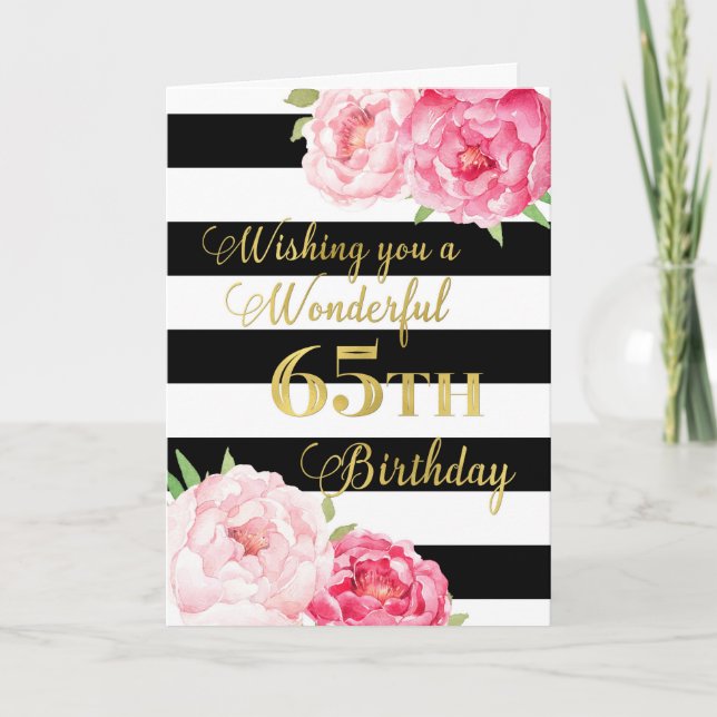 Black Stripes and Pink Flowers Happy 65th Birthday Card (Front)