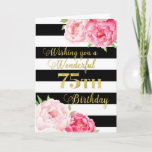 Black Stripes and Pink Flowers Happy 75th Birthday Card