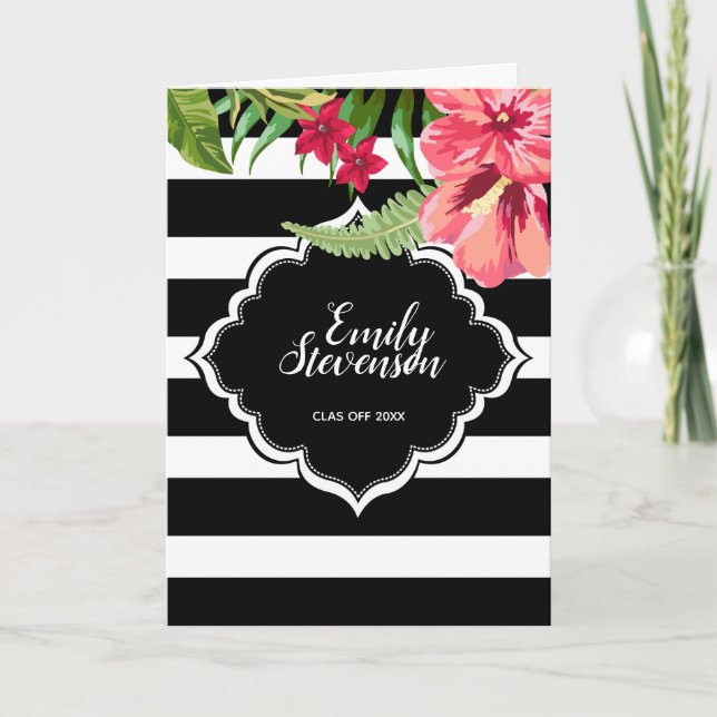 Black Stripes And Tropical Flowers- Graduations Holiday Card (Front)