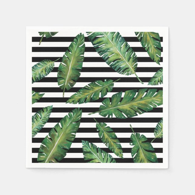 Black stripes banana leaf tropical summer pattern paper napkins (Front)