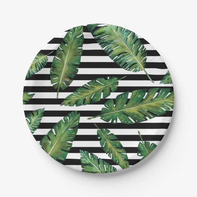 Black stripes banana leaf tropical summer pattern paper plates (Front)