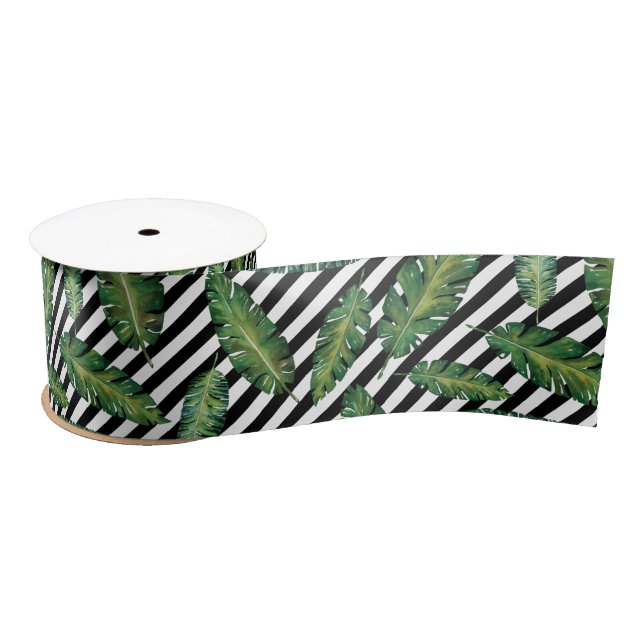 Black stripes banana leaf tropical summer pattern satin ribbon (Spool)