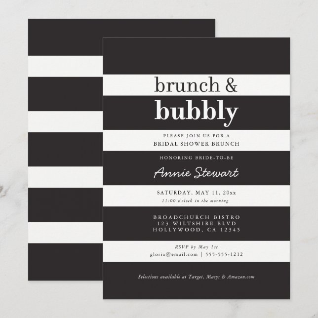 Black Stripes Brunch & Bubbly Bridal Shower Invitation (Front/Back)
