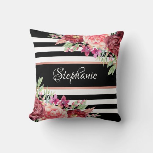 Black Stripes Burgundy Floral Personalized Throw Pillow
